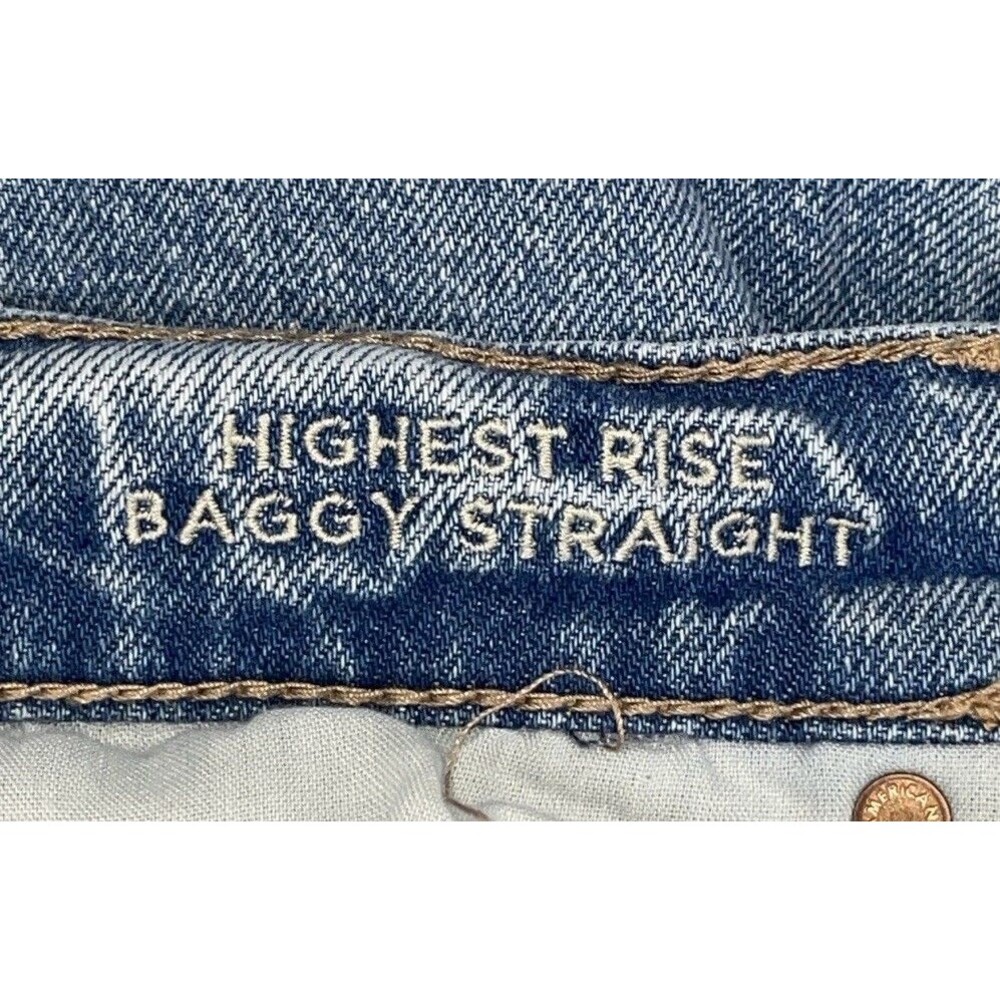 American Eagle Highest Rise Baggy Straight Jeans Size 14R Light Wash Distressed - Picture 13 of 14